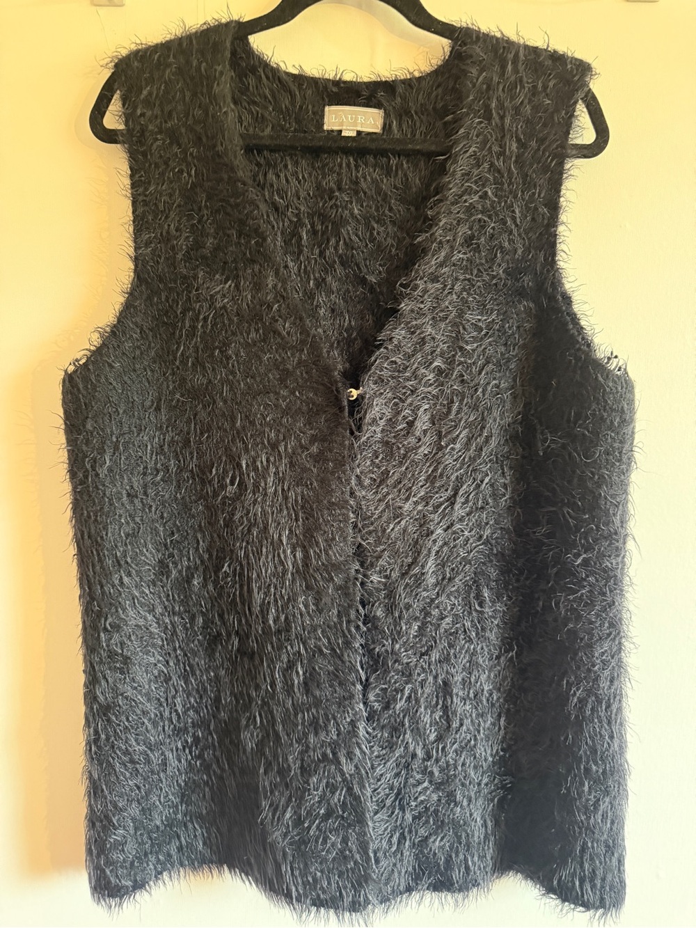 Laura XL Black Eyelash Knit Fuzzy Vest Open Front Y2K Fall Layering
